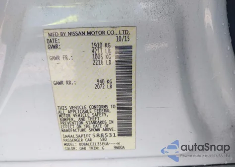 2015 Nissan Altima 2.5 S из США, поврежденный, VIN 1N4AL3AP1FC588531